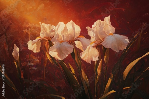 Elegant White Irises Blooming Against a Warm Sunset Background