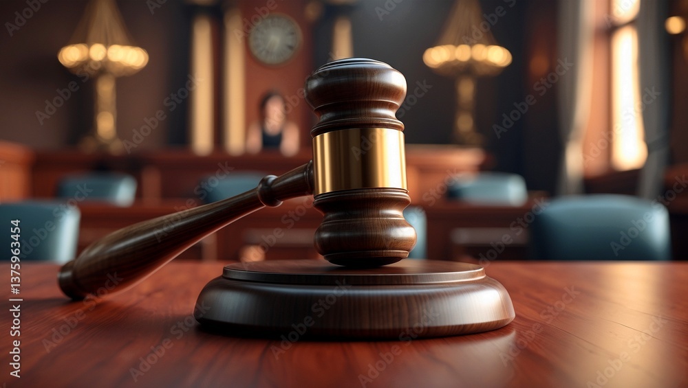 Gavel resting on judge's bench in soft lighting Gavel resting on judge's bench in soft lighting