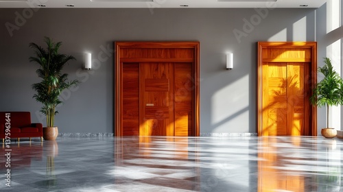 Wallpaper Mural A bright and spacious commercial building lobby features elegant wooden doors, polished floors, and lush potted plants creating a welcoming and modern atmosphere for clients and Torontodigital.ca
