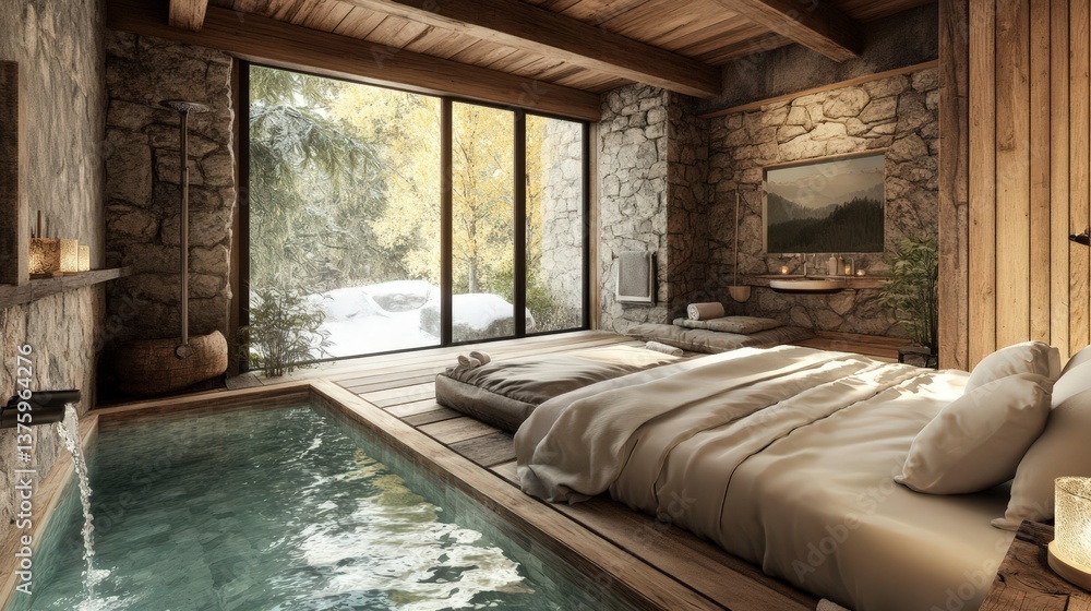 A luxurious bedroom with a spa and mountain view offers comfort A luxurious bedroom with a spa and mountain view offers comfort