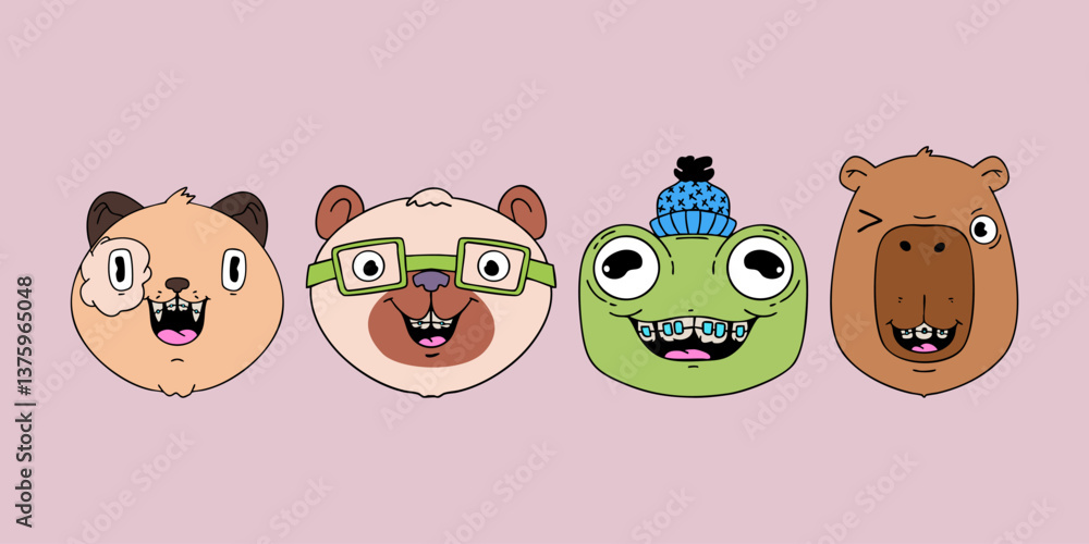 Obraz premium Cute cat, bear, capybara and frog with braces. Healthy teeth. Trendy vector illustration.
