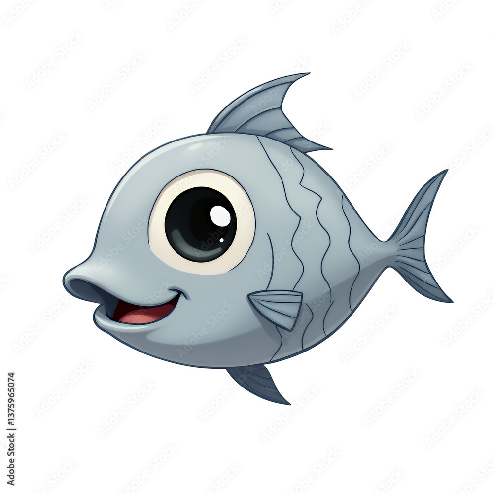 Fototapeta premium Cartoon Fish Illustration, Gray, Smiling, Big Eyes, Transparent Background