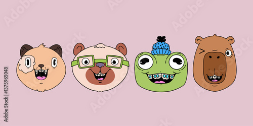 Cute cat, bear, capybara and frog with braces. Healthy teeth. Trendy vector illustration.