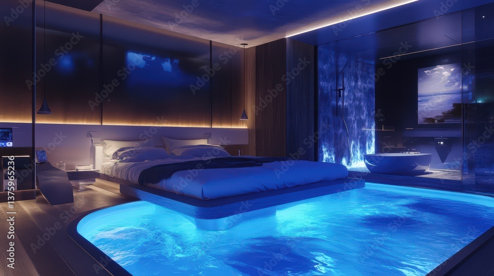 A Luxurious Bedroom With a Swimming Pool Surrounded By Blue Lights A Luxurious Bedroom With a Swimming Pool Surrounded By Blue Lights