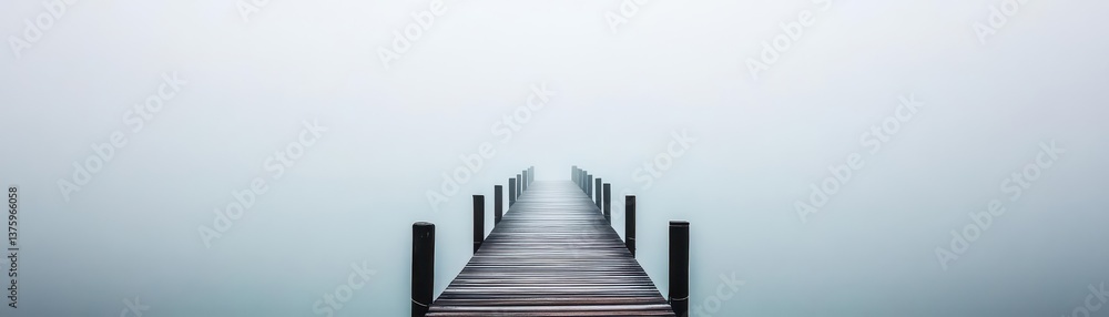 Fototapeta premium A serene dock emerging from dense fog, surrounded by mysterious waters and soft light of early morning