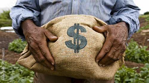 Farmer's weathered hands hold a burlap sack imprinted with a dollar sign, symbolizing agricultural income and economic hardship.