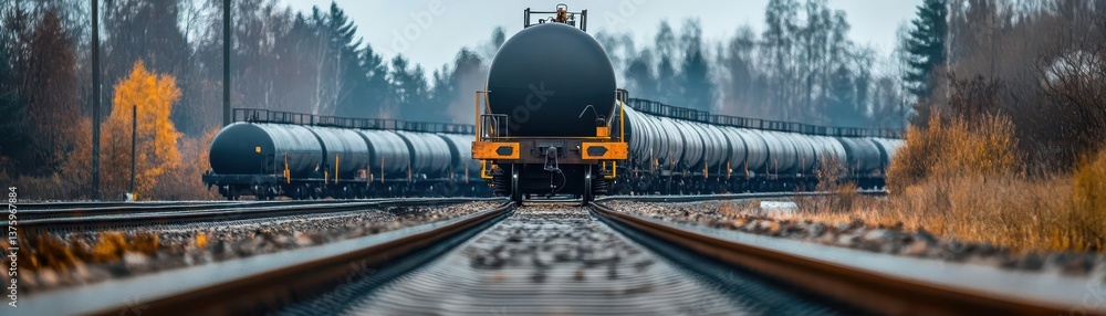 Naklejka premium A train traveling along train tracks with a scenic background of lush greenery and clear blue skies on a sunny day