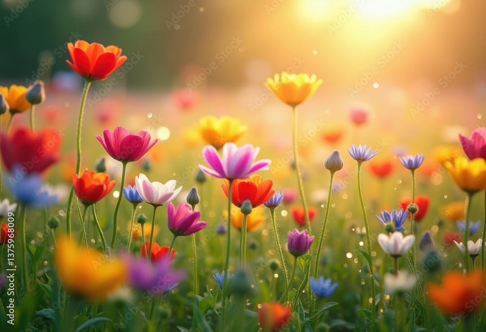 Obraz premium vibrant wildflowers dewy meadow nature colorful blooming flora sunshine natural beauty, green, petal, spring, pollen, scene, landscape, field, botanical, pink