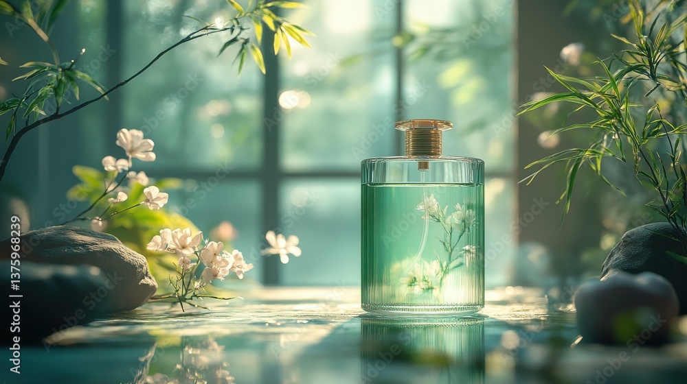 Transparent Textured Glass Fragrance Bottle in Natural Water Scene with Floral Decor Transparent Textured Glass Fragrance Bottle in Natural Water Scene with Floral Decor