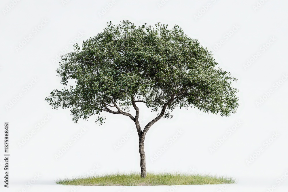 A detailed photograph features a single tree on a plain white background A detailed photograph features a single tree on a plain white background