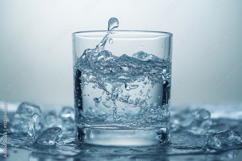 Clear Water Splashing in a Glass with Ice on a Blue Surface Clear Water Splashing in a Glass with Ice on a Blue Surface