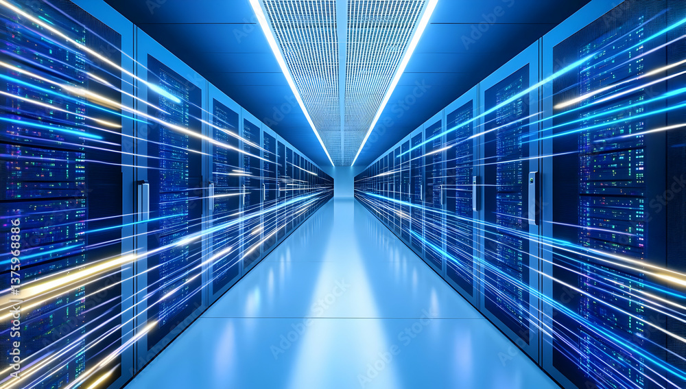 Fototapeta premium A futuristic data center with blue lighting, showcasing rows of servers and a sleek design for efficient data processing.