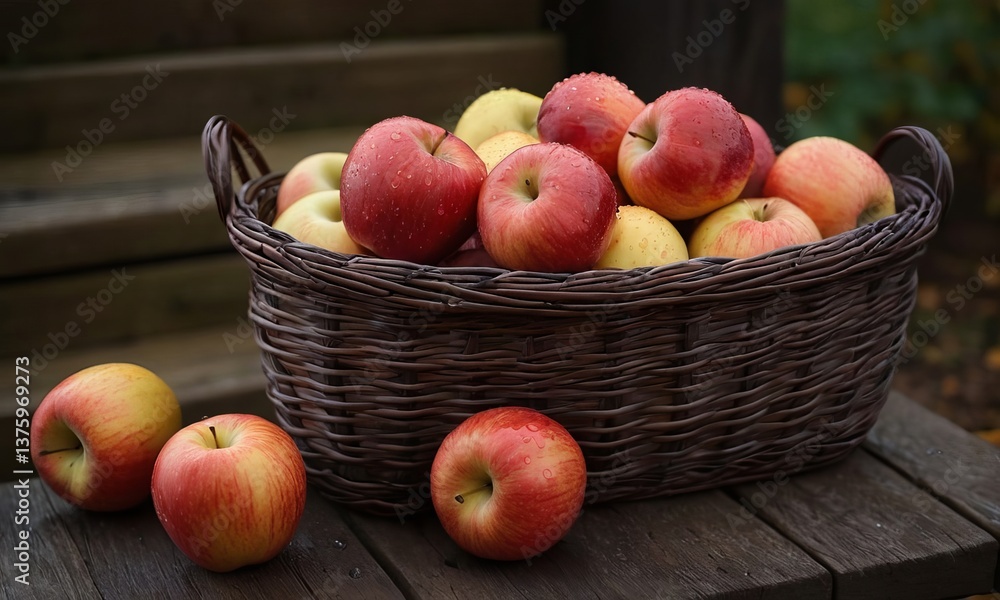 Freshly Picked Apples in a Rustic Wicker Basket on Wooden Bench Freshly Picked Apples in a Rustic Wicker Basket on Wooden Bench