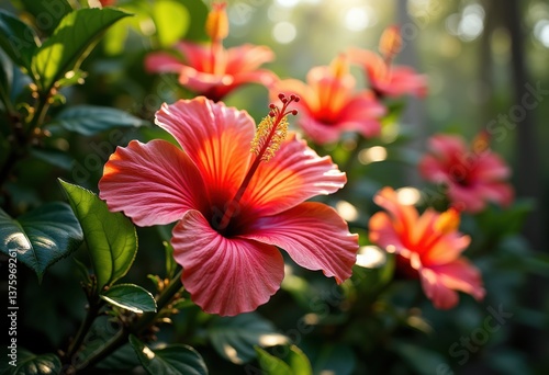 Wallpaper Mural vibrant hibiscus petals tropical garden blossom colorful flora exotic plants nature beauty, botanical, greenery, growth, spring, foliage, leaf, landscape, blooming Torontodigital.ca