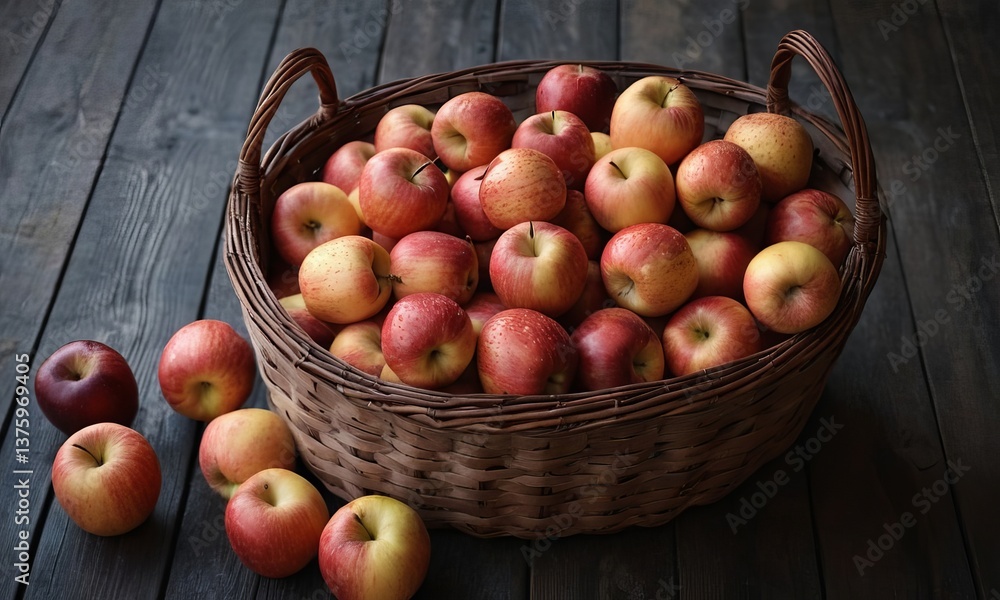 Harvest Bounty: Fresh Apples in a Wicker Basket on Rustic Wooden Surface Harvest Bounty: Fresh Apples in a Wicker Basket on Rustic Wooden Surface