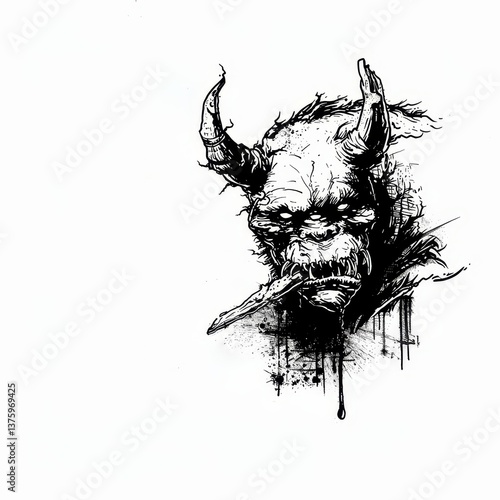Brutal ogre head ink sketch with dripping ink effects and torn textures for dark fantasy art collectors