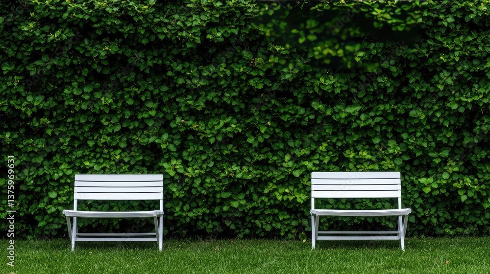 Two white plastic chairs sit peacefully in a garden, surrounded by lush green hedges and grass under warm summer light Two white plastic chairs sit peacefully in a garden, surrounded by lush green hedges and grass under warm summer light