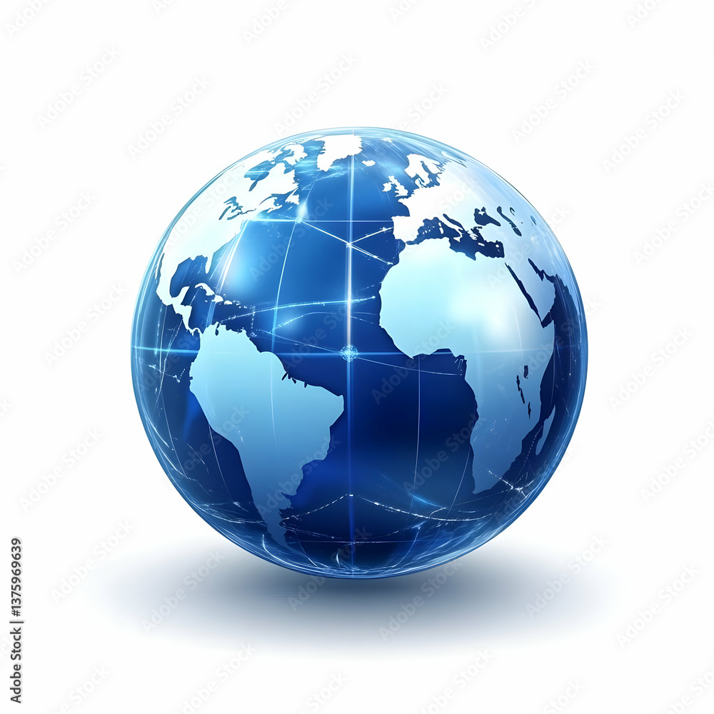 Fototapeta premium A glossy 3D globe showcasing the continents with interconnected lines representing global communication and connectivity.
