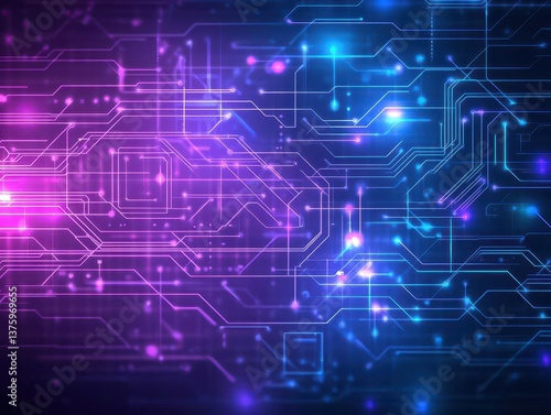Intricate circuit design with vibrant blue and pink background creating a futuristic and technologically inspired theme