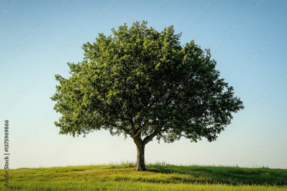 A solitary tree stands on a grassy hill under a blue sky A solitary tree stands on a grassy hill under a blue sky