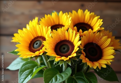 vibrant sunflower bouquet rustic wooden background bright colors cheerful arrangement floral display, nature, petal, decor, stilllife, natural, art, detail