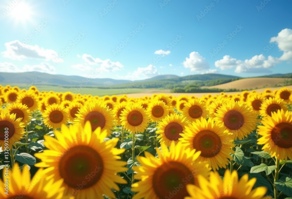 Obraz premium vibrant sunflower field clear blue sky landscape nature sunny day bright colors blossoming flowers, bloom, crop, sunlight, meadow, wildflower, botany, scenic
