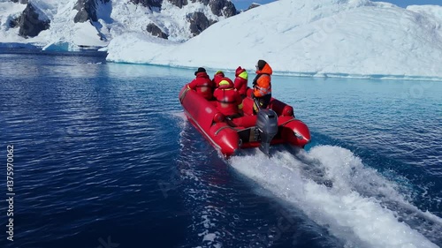 Antarctica icy landscape expedition group tourist traveler people man at cruise red boat ship winter Arctic snow mountains Iceberg glacier nature cold water, Scientist Tourism travel. Aerial drone 