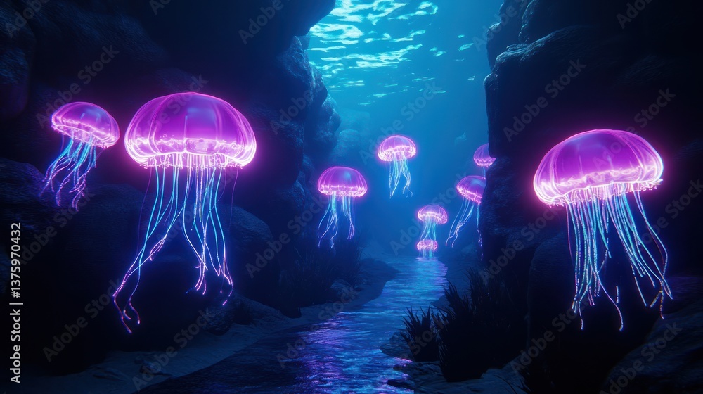 Obraz premium Glowing purple jellyfish swim in a mysterious underwater environment