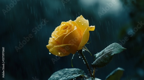 Yellow rose blooming in rain against a dark background  