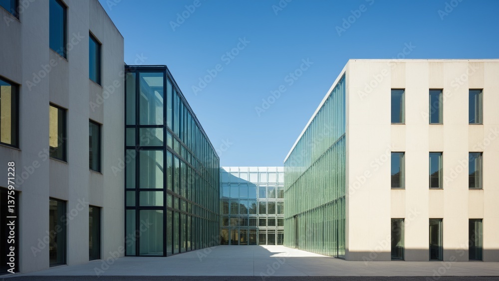 Obraz premium Modern Architectural Design Featuring Glass Facades and Cream Walls Under a Clear Blue Sky on a Bright Sunny Day.