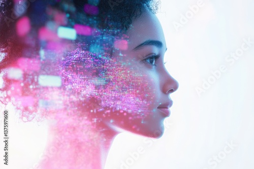 A woman's profile is overlaid with a vibrant, abstract digital network, symbolizing technology and connection.
