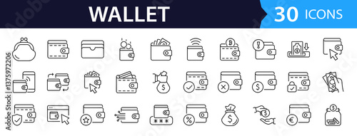 Wallet set of web icons in line style. A collection of linear icons representing wallet concepts, including cash, credit cards, digital wallet, money, security, payment, mobile wallet. Editable stroke