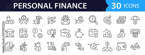 Personal finance set of web icons in line style. A collection of linear icons representing Finance concepts, including loan, financial management, budget, savings, income, mortgage. Editable stroke