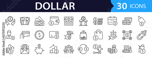 Dollar set of web icons in line style. A collection of linear icons representing dollar concepts, including dollar sign, currency exchange, cash, coins, banknotes, digital dollar. Editable stroke