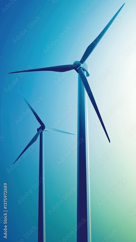 Fototapeta premium Abstract Blue-Green Gradient Background with Business Elite Silhouettes and Wind Turbines. Creative Pattern for Sustainable Energy and Environmental Protection. High-End Professional Design for Corpor
