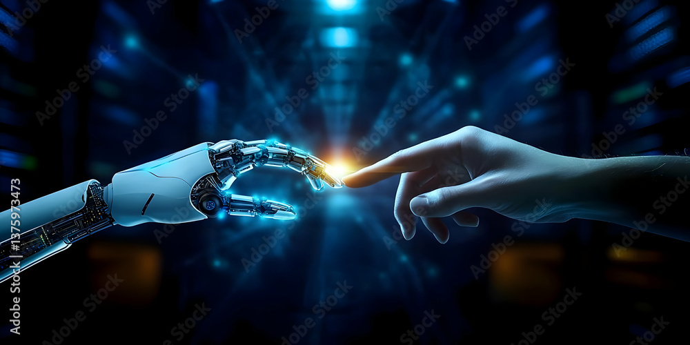 A human hand reaches out to connect with a robotic hand, symbolizing the blend of humanity and technology in a digital age. A human hand reaches out to connect with a robotic hand, symbolizing the blend of humanity and technology in a digital age.
