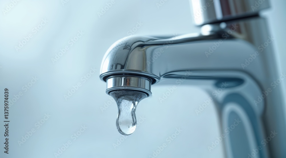 Close-up of modern chrome faucet with dripping water, stainless steel polished finish, clear water droplet, fine filter visible, soft diffused lighting, blurred light blue background, realistic detail Close-up of modern chrome faucet with dripping water, stainless steel polished finish, clear water droplet, fine filter visible, soft diffused lighting, blurred light blue background, realistic detail
