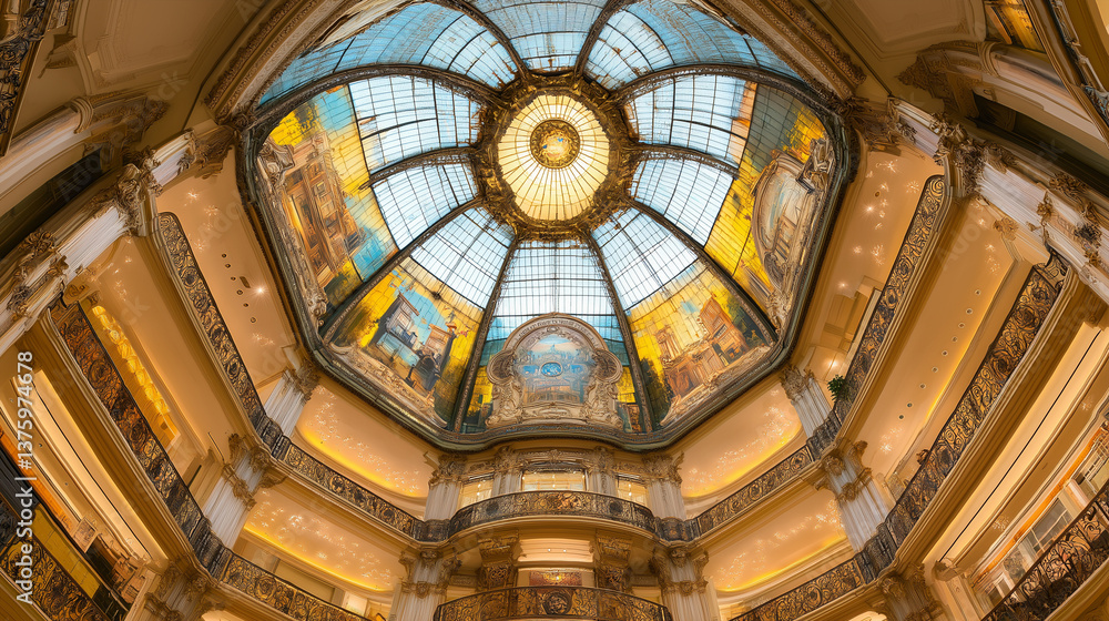 Ornate Glass Dome Ceiling with Artistic Details and Architecture. Ornate Glass Dome Ceiling with Artistic Details and Architecture.