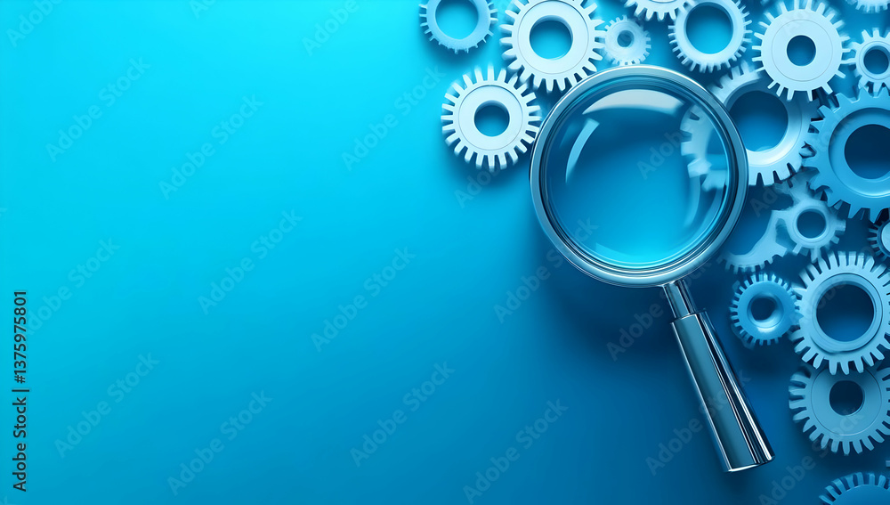 A magnifying glass resting over blue gears, representing innovation and exploration in technology and industry. A magnifying glass resting over blue gears, representing innovation and exploration in technology and industry.