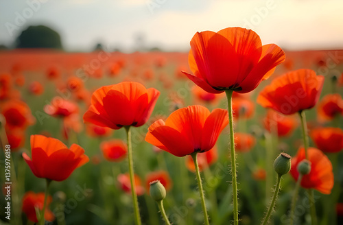 Group of red poppies against a poppy field, selective focus. Memorial Day, United States of America