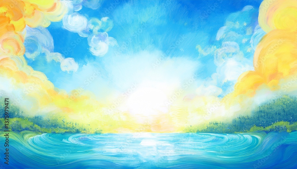 beautiful creative summer skyline border frame with bright colors, bright sun, swirly clouds, and blue sky with copy space, summertime concept graphic resource beautiful creative summer skyline border frame with bright colors, bright sun, swirly clouds, and blue sky with copy space, summertime concept graphic resource