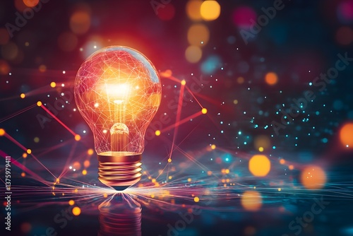 A ight bulb surrounded by glowing lines and dots, symbolizing innovation in digital marketing.