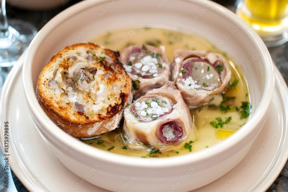 Delicious Rolled Meat Soup with Toasted Bread Delicious Rolled Meat Soup with Toasted Bread