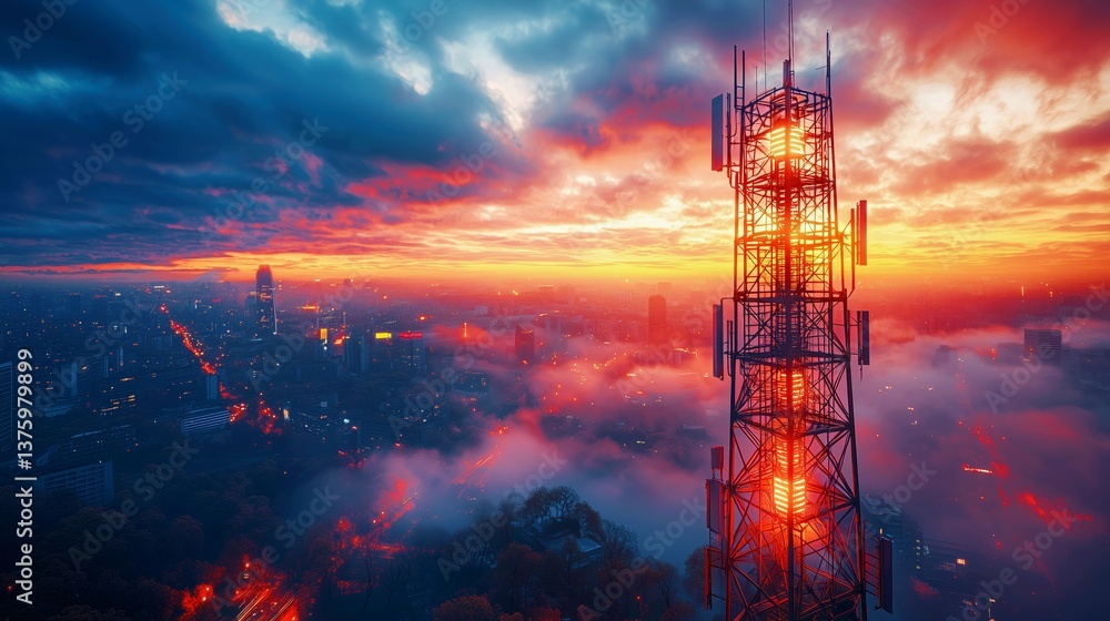 Fototapeta premium Beautiful sunset view from a high vantage point featuring a telecommunications tower illuminated against a colorful sky