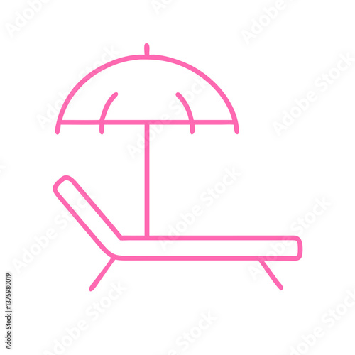 Simple pink line illustration of a sun lounger with umbrella, ideal for vacation, summer, and relaxation-themed designs.
