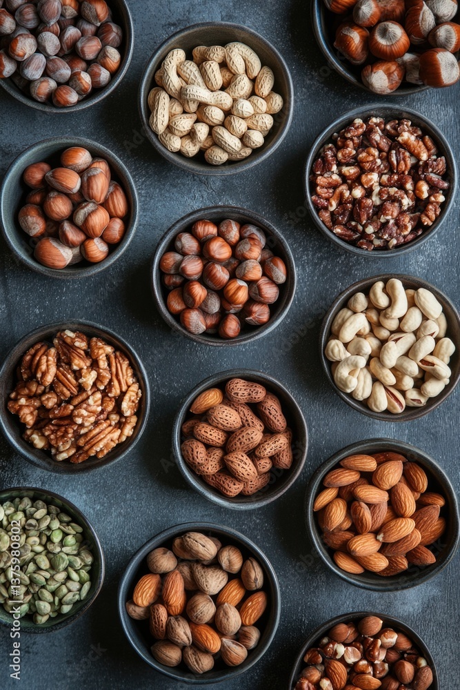 Various kinds of nuts are arranged on the surface of the table for viewing. Various kinds of nuts are arranged on the surface of the table for viewing.