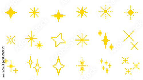 Pixel sparks, stars, shimmers, particles, glitter set. Retro style, yellow pixel game graphic elements clip art. Vector
