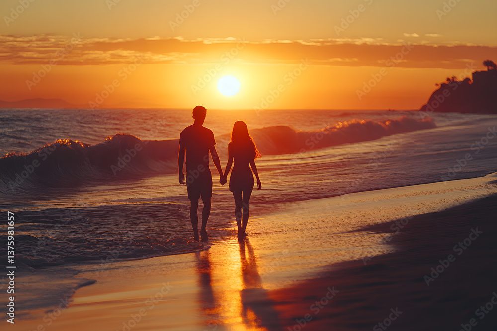 A couple enjoys a romantic walk on the beach as the sun sets over the horizon A couple enjoys a romantic walk on the beach as the sun sets over the horizon