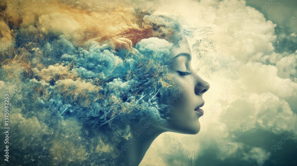 Woman's profile, ethereal clouds Woman's profile, ethereal clouds