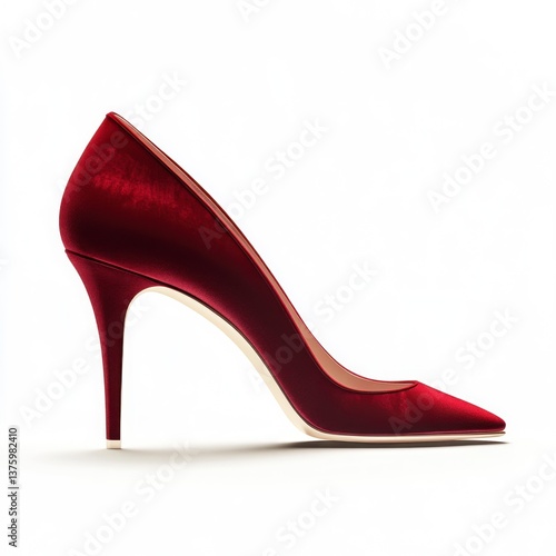 Elegant Dark Red Velvet High Heel Shoe on White Background